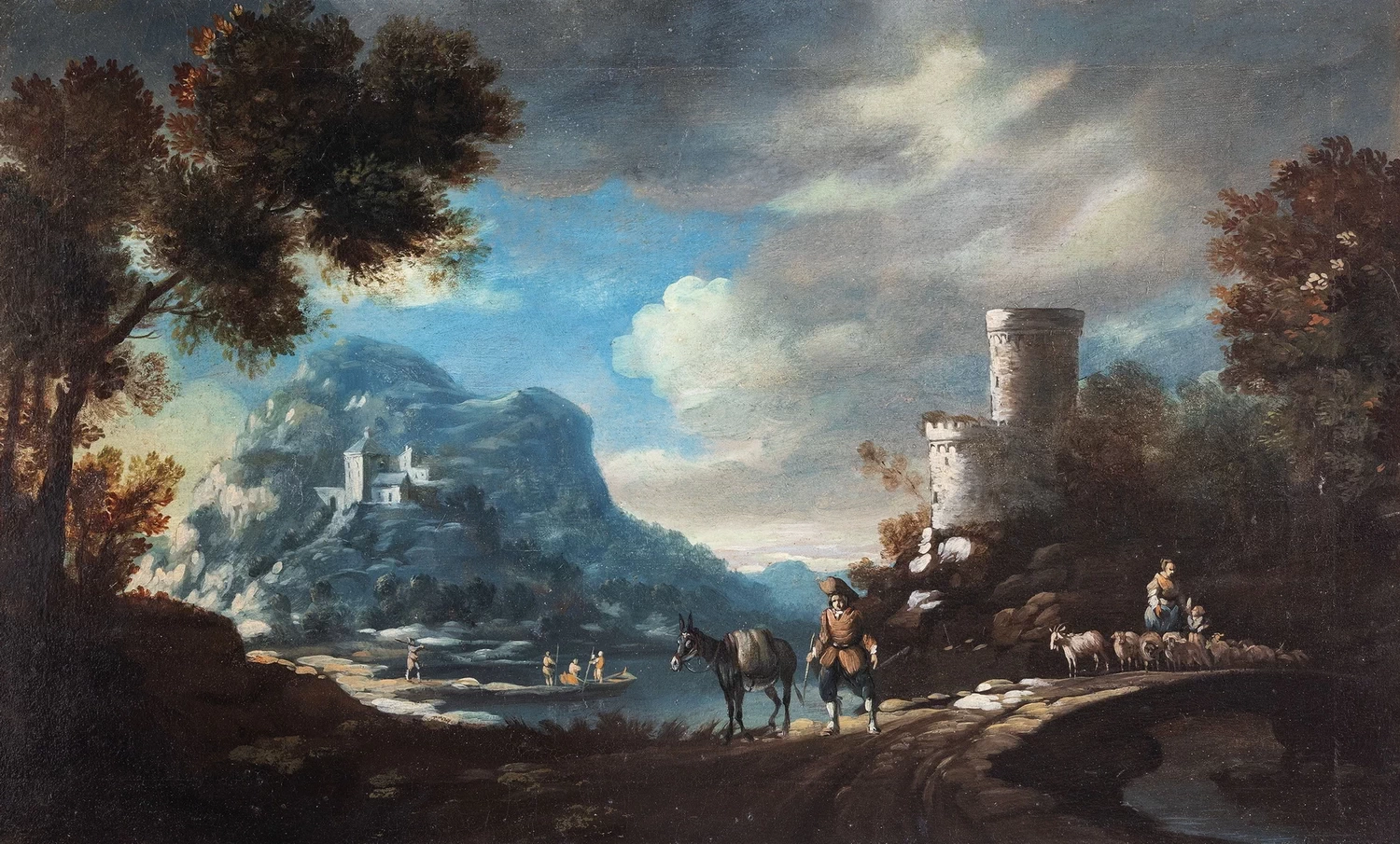 Paesaggio montuoso con ponticello, viandanti e gregge